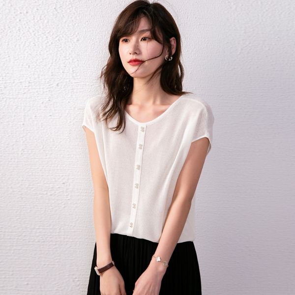 2020 pullover sweater new women's thin pearl round neck pullover loose linen sweater short sleeve for women, White 
2020 pullover sweater new women's thin pearl round neck pullover loose linen sweater short sleeve for women, White