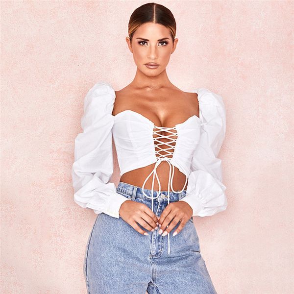women ladies puff sleeve strapless crop white shirts solid hollow out lace up blouses women midriff baring nbsp
women ladies puff sleeve strapless crop white shirts solid hollow out lace up blouses women midriff baring nbsp