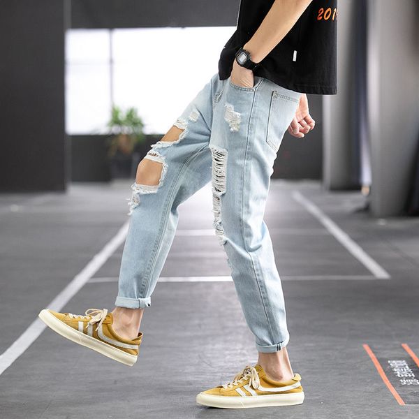 2020 new korean version of harajuku students summer hole cowboy male loose straight tide brand trend harlan nine points pants, Blue
2020 new korean version of harajuku students summer hole cowboy male loose straight tide brand trend harlan nine points pants, Blue