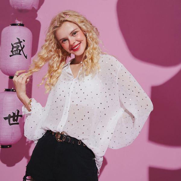 white solid contrast sequins casual chiffon blouse women 2020 summer green see-through korean ladies daily
white solid contrast sequins casual chiffon blouse women 2020 summer green see-through korean ladies daily