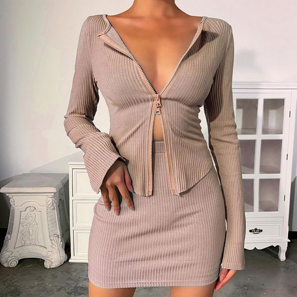 women two-piece set zipper long sleeve skirt suit solid color matching sets night club outfits summer clothes, Black;blue
women two-piece set zipper long sleeve skirt suit solid color matching sets night club outfits summer clothes, Black;blue