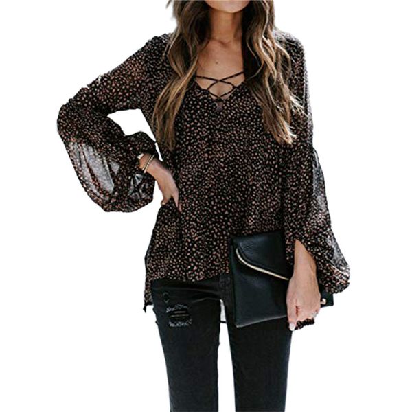 women's blouses & shirts womens leopard chiffon blouse lantern sleeve tie up v neck lady long shirt loose, White
women's blouses & shirts womens leopard chiffon blouse lantern sleeve tie up v neck lady long shirt loose, White