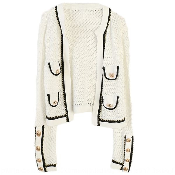 2019 fall/winter new women's hollow-out long sleeve contrast color striped loose thin coat knitted cardigan coat, White
2019 fall/winter new women's hollow-out long sleeve contrast color striped loose thin coat knitted cardigan coat, White
