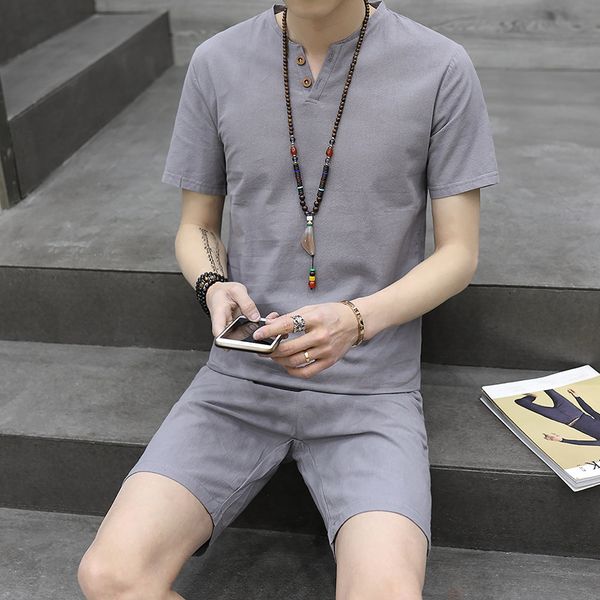 short sleeve t shirt men set suit v neck casual shorts formal summer wear clothes set button decoration chinese style linen, Gray
short sleeve t shirt men set suit v neck casual shorts formal summer wear clothes set button decoration chinese style linen, Gray
