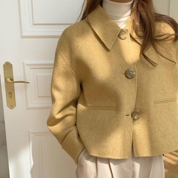 women autumn winter yellow short woolen coat sharp collar single breasted pocket wool jacket long sleeve straight outwear, Black
women autumn winter yellow short woolen coat sharp collar single breasted pocket wool jacket long sleeve straight outwear, Black