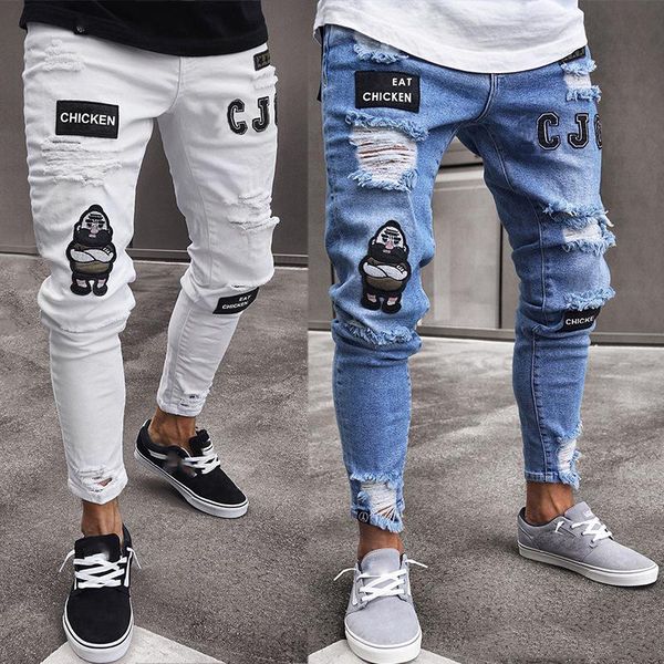 new european and american men jeans design fashion casual tight-fitting tri-color jeans light colored hole pants, Blue
new european and american men jeans design fashion casual tight-fitting tri-color jeans light colored hole pants, Blue