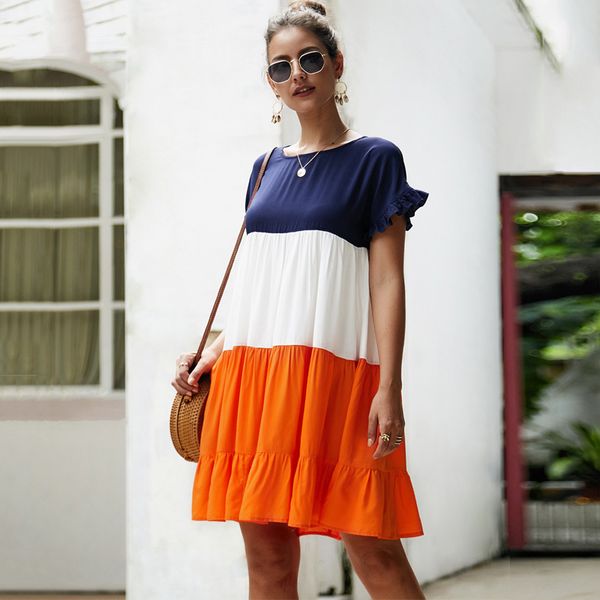 women stitching loose dress o-neck short sleeve color matching ruffles a-line dress spring summer ladies casual mini dress, Black;gray
women stitching loose dress o-neck short sleeve color matching ruffles a-line dress spring summer ladies casual mini dress, Black;gray