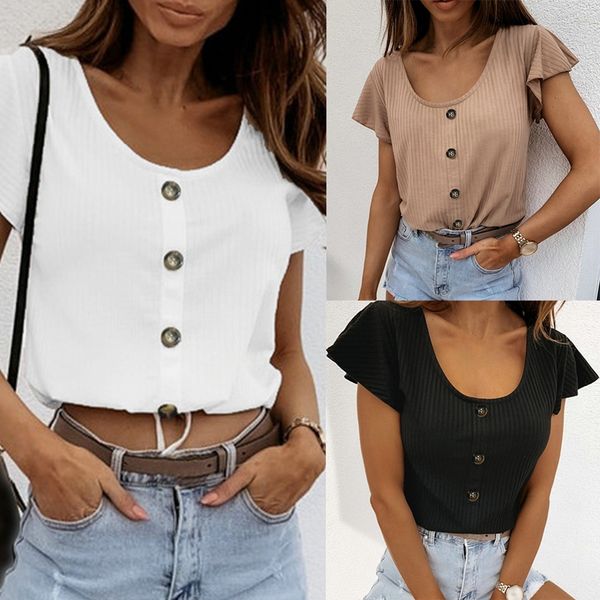 women's t-shirt summer round neck button wild solid casual short-sleeve shirt, White
women's t-shirt summer round neck button wild solid casual short-sleeve shirt, White