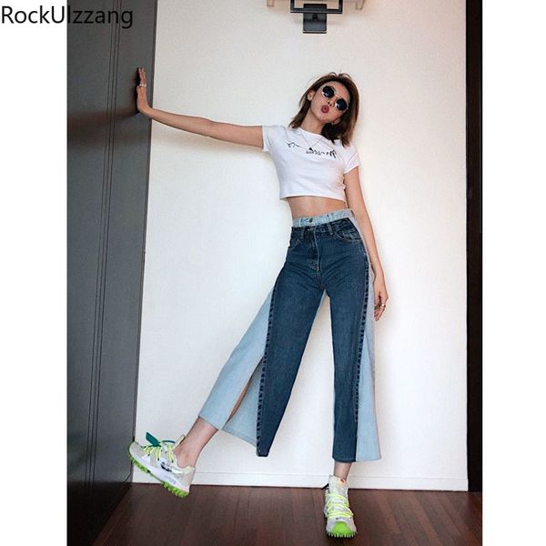 splicing contrast color loose straight midi-long calf split denim pant summer jeans streetwear harajuku women fashion high waist, Black;white
splicing contrast color loose straight midi-long calf split denim pant summer jeans streetwear harajuku women fashion high waist, Black;white