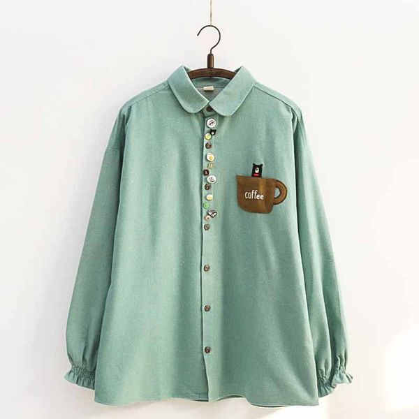 spring and autumn new products college style women's cute childlike color button coffee cup embroidery long-sleeved shirt, White 
spring and autumn new products college style women's cute childlike color button coffee cup embroidery long-sleeved shirt, White