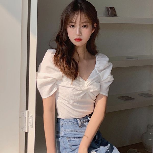 women crop simple elegant v neck short puff sleeves shirts sweet solid color blouse, White
women crop simple elegant v neck short puff sleeves shirts sweet solid color blouse, White