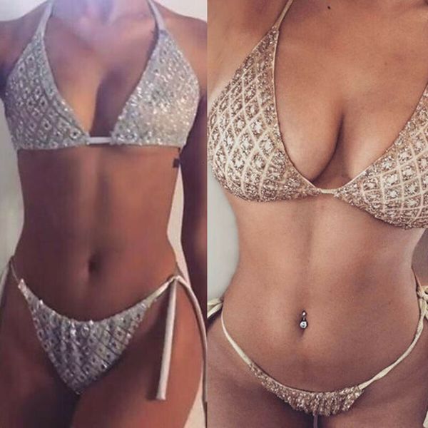 women sliver gold lace up rhombus glitter halter triangle padded push up bikini set swimsuit beach bathing shining swimwear, White;black
women sliver gold lace up rhombus glitter halter triangle padded push up bikini set swimsuit beach bathing shining swimwear, White;black