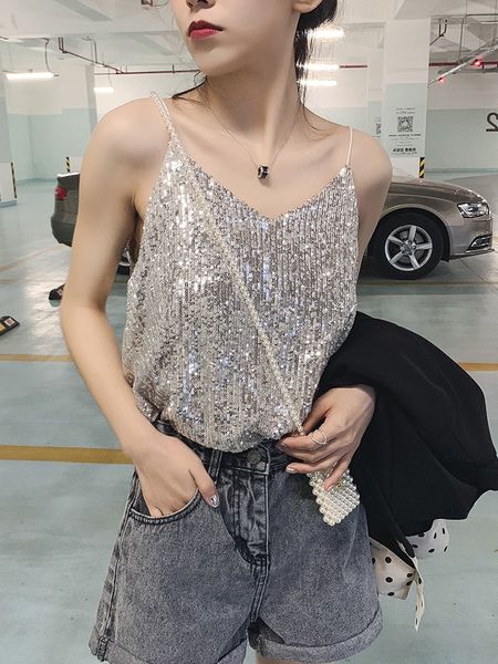 summer silver camisole outside sleeveless v-neck vest sequ sequins short net red ins shiny base, Camo
summer silver camisole outside sleeveless v-neck vest sequ sequins short net red ins shiny base, Camo