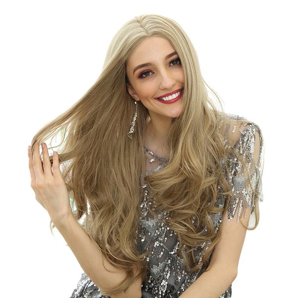 26\" light blond synthetic long wavy curly hair wig center parting for party, Black
26\" light blond synthetic long wavy curly hair wig center parting for party, Black