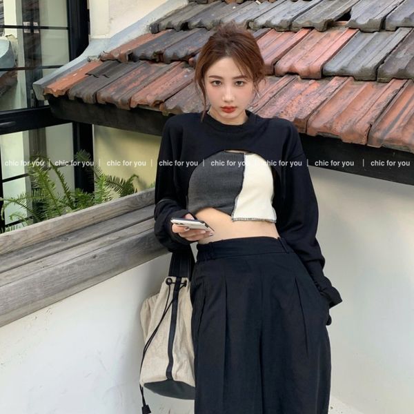 design sense stitching camisole high waist ultra-short cool long-sleeved sweater womens loose korean-style two-piece suit, Black
design sense stitching camisole high waist ultra-short cool long-sleeved sweater womens loose korean-style two-piece suit, Black