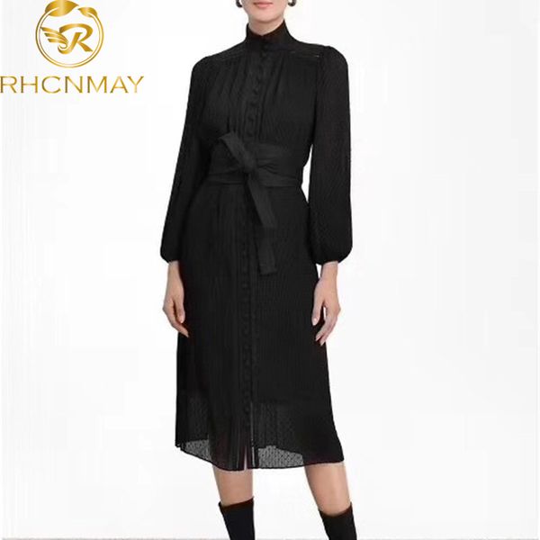 women's slim hollow single-breasted lace dress 2020 new summer stand long sleeve belt pleated dot women's dress, Black;gray 
women's slim hollow single-breasted lace dress 2020 new summer stand long sleeve belt pleated dot women's dress, Black;gray