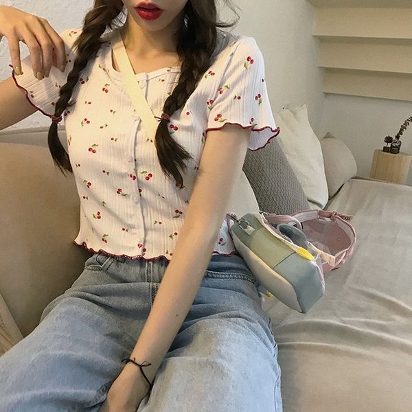 small t-shirt cherry knitted short sleeve 2020 new round neck buckle wooden ear close-fitting short t-shirt, White;black
small t-shirt cherry knitted short sleeve 2020 new round neck buckle wooden ear close-fitting short t-shirt, White;black