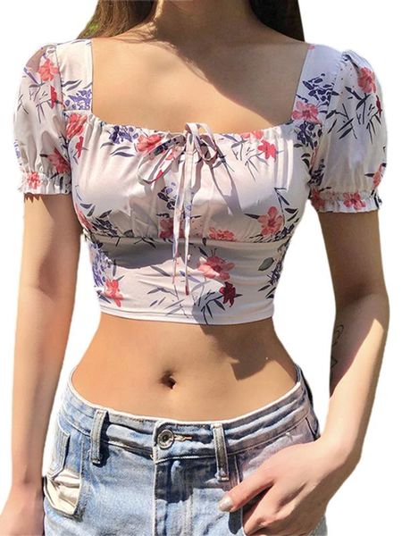 women summer fashion floral short sleeve shirts square neck blouse, White;red