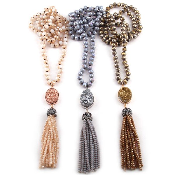 bohemian tribal jewelry glass crystal long knotted druzy link crystal tassel necklace 3 color, Silver
bohemian tribal jewelry glass crystal long knotted druzy link crystal tassel necklace 3 color, Silver