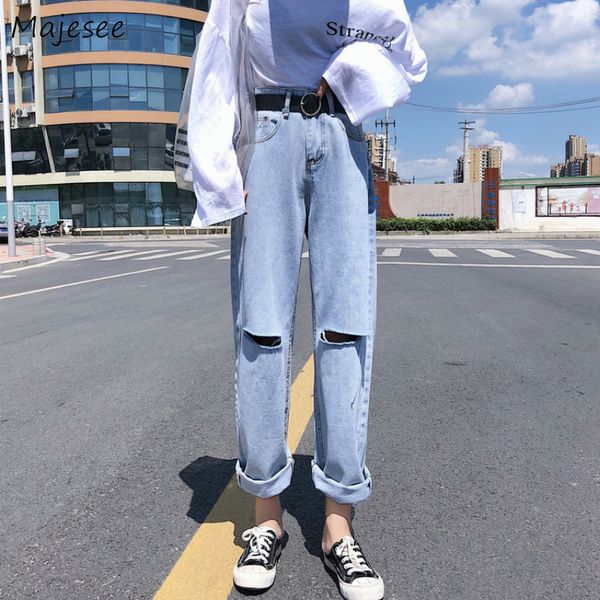 women's jeans high waist women hole casual loose straight womens korean fashion bf trousers street style females all match streetwear, Blue
women's jeans high waist women hole casual loose straight womens korean fashion bf trousers street style females all match streetwear, Blue