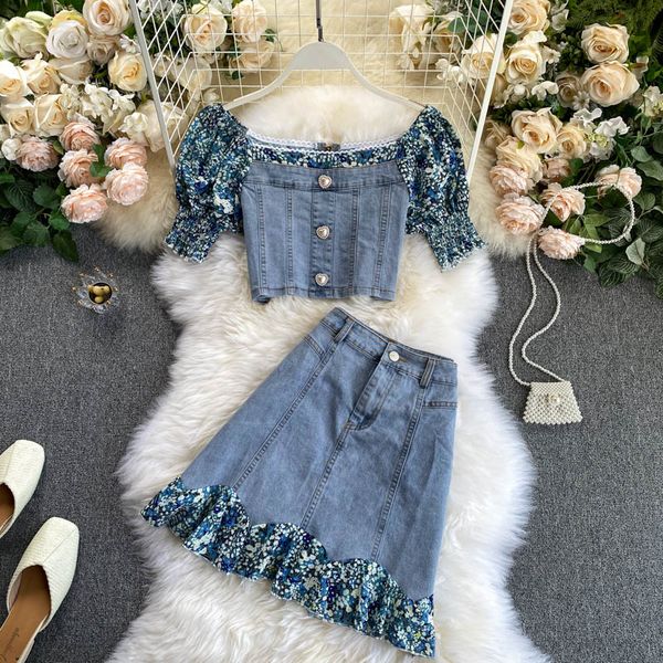 women's design floral puff sleeve stitching denim short high waist skirt two piece suit fashion, Black
women's design floral puff sleeve stitching denim short high waist skirt two piece suit fashion, Black