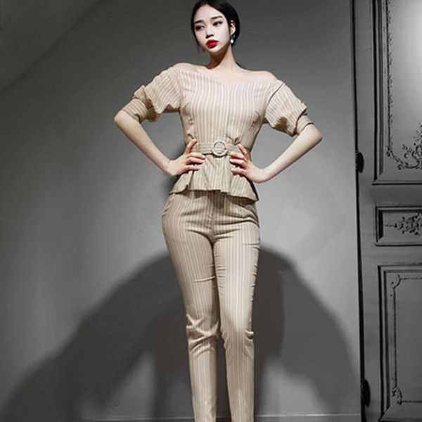 korean style temperament women's 2 piece set slim v collar + 2020 summer fashion stripe tight trousers business set, White
korean style temperament women's 2 piece set slim v collar + 2020 summer fashion stripe tight trousers business set, White