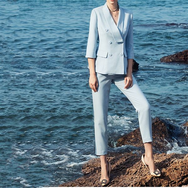 women's suit sky blue women's double-breasted suit 2 sets (jacket + pants) casual professional wear custom made, White
women's suit sky blue women's double-breasted suit 2 sets (jacket + pants) casual professional wear custom made, White