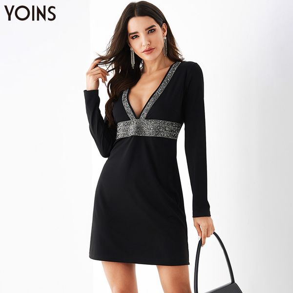 yoins 2020 autumn winter women mini dress deep v neck long sleeves female elegant black dress party club outfits vestidos, Black;gray 
yoins 2020 autumn winter women mini dress deep v neck long sleeves female elegant black dress party club outfits vestidos, Black;gray
