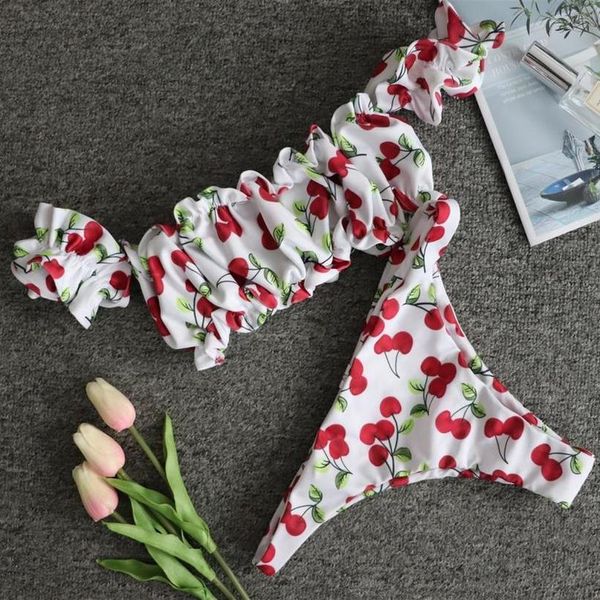 off shoulder ruch bikini set 2020 women cherry printed swimsuit bathing suit swimwear short sleeve biquni maillot bain, White;black
off shoulder ruch bikini set 2020 women cherry printed swimsuit bathing suit swimwear short sleeve biquni maillot bain, White;black