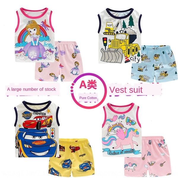 pp8h4 children's vest short sleeve summer sleeveless children's thin baby pajamas boys suit pants suit air conditioning pants set, Blue