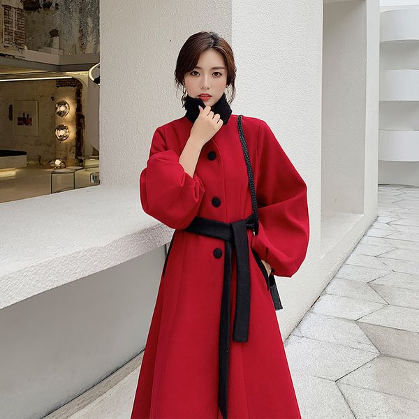 women autumn winter hepburn red long wool coat female a-line bandage overcoat cloak parka with buttons lantern sleeve, Black
women autumn winter hepburn red long wool coat female a-line bandage overcoat cloak parka with buttons lantern sleeve, Black