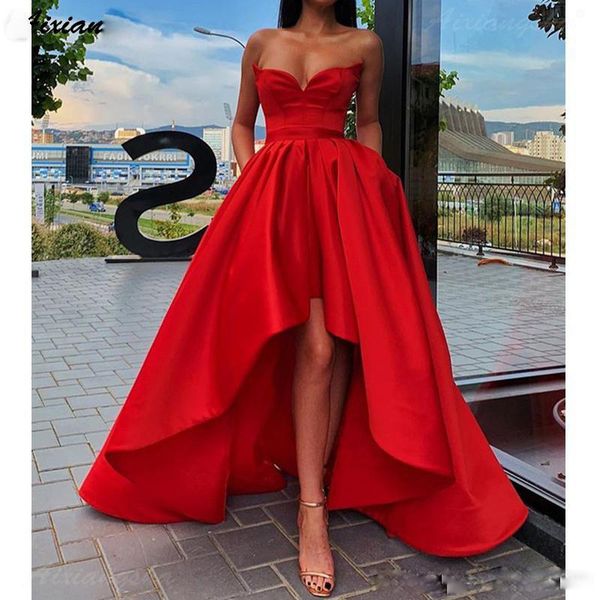 new arrival red sweetheart hi-lo a line prom dresses with pockets satin pleats plus size formal dress evening party gowns, Black;red
new arrival red sweetheart hi-lo a line prom dresses with pockets satin pleats plus size formal dress evening party gowns, Black;red