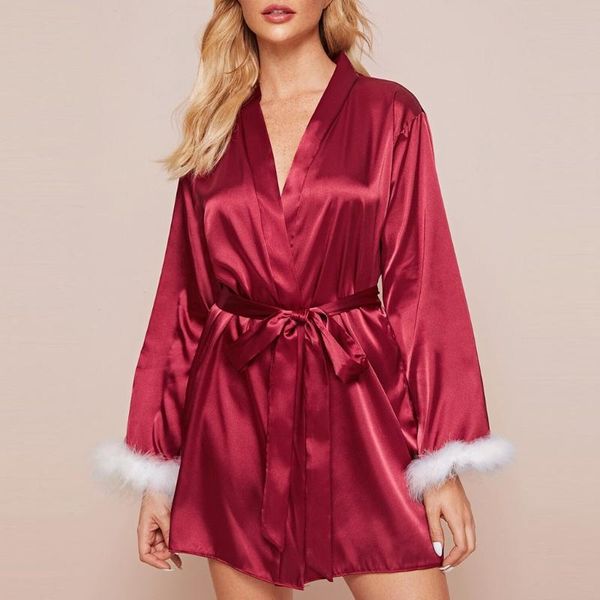 women's sleepwear women lingerie silk mini robe long sleeve bathrobe satin nightwear babydoll feather decoration belted dress, Black;red
women's sleepwear women lingerie silk mini robe long sleeve bathrobe satin nightwear babydoll feather decoration belted dress, Black;red