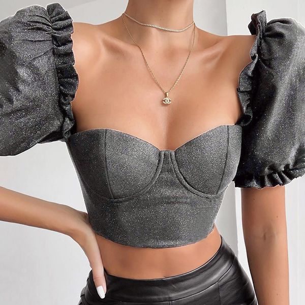silver puff sleeve women's autumn european and american v-neck chest emphasizing backless metal zipper vest, White
silver puff sleeve women's autumn european and american v-neck chest emphasizing backless metal zipper vest, White