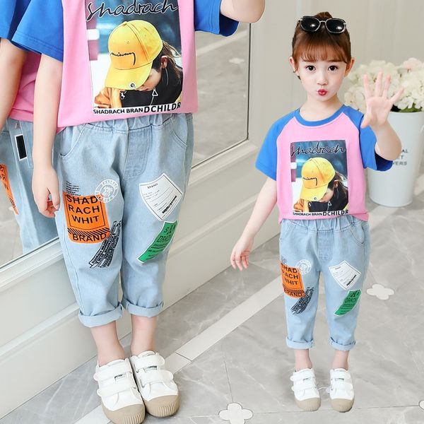 b1lci clothing 2020 new korean style jeans children's pants children's panty girls' square printed nine-point jeans trendy fa, Blue
