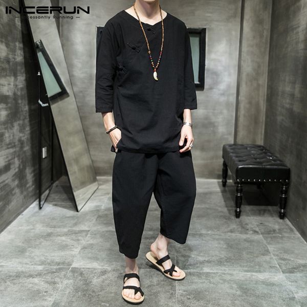 men's tracksuits incerun vintage chinese style suits 3/4 sleeve v neck blouse casual cropped pants men leisure solid cotton sets button, Gray
men's tracksuits incerun vintage chinese style suits 3/4 sleeve v neck blouse casual cropped pants men leisure solid cotton sets button, Gray