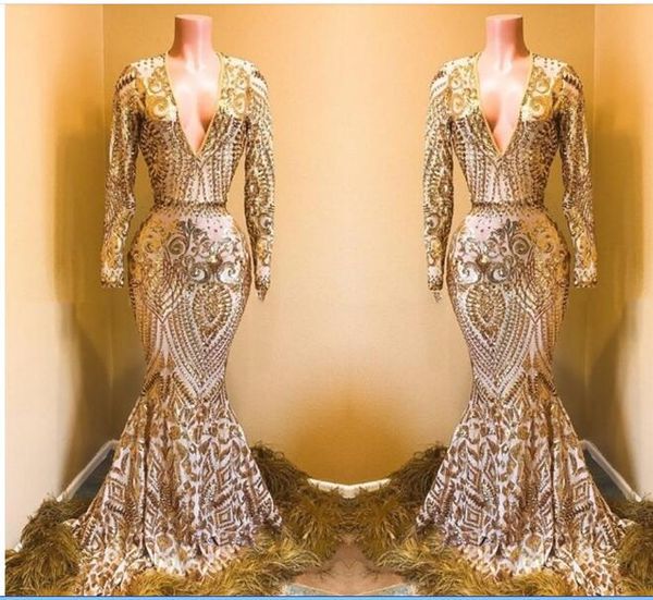 2020 sparkly sequined gold mermaid prom dresses long sleeve feather v neck evening dress african black girls party gowns, Red
2020 sparkly sequined gold mermaid prom dresses long sleeve feather v neck evening dress african black girls party gowns, Red