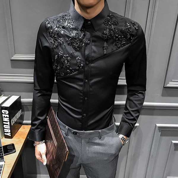men's casual shirts british style mens slim fit personality lace patchwork men shirt long sleeve night club dress 3xl, White;black 
men's casual shirts british style mens slim fit personality lace patchwork men shirt long sleeve night club dress 3xl, White;black