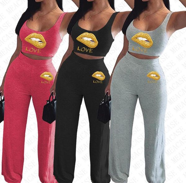 women two pieces outfits solid color designer lip letters print vest sleeveless t shirt crop loose pants tracksuit sports suit d72701, Gray
women two pieces outfits solid color designer lip letters print vest sleeveless t shirt crop loose pants tracksuit sports suit d72701, Gray