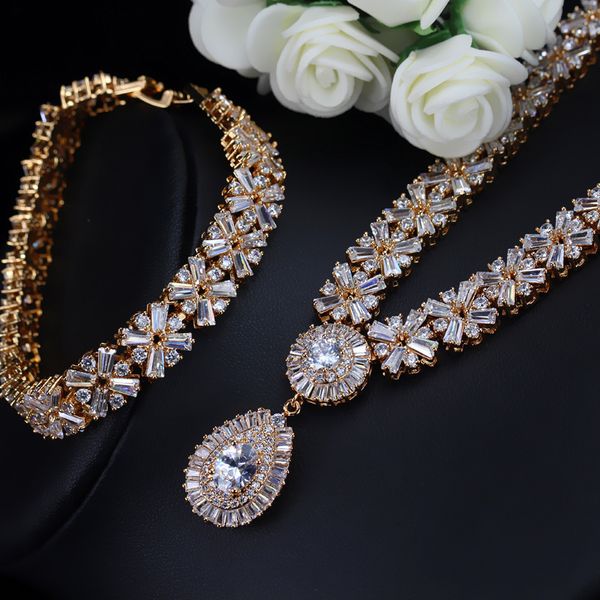 gold color jewellery luxury cubic zirconia necklace earring bracelet party jewelry set for women, Silver 
gold color jewellery luxury cubic zirconia necklace earring bracelet party jewelry set for women, Silver