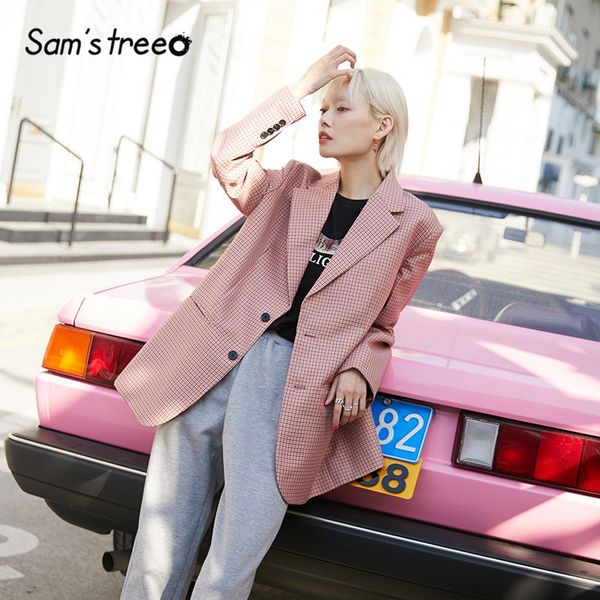 sam's tree korean oversize women blazer 2020 spring pink plaid british style office ladies loose jacket brown female blazers, White;black
sam's tree korean oversize women blazer 2020 spring pink plaid british style office ladies loose jacket brown female blazers, White;black
