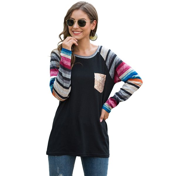 color striped women t shirt long sleeve tee fashion sequined pocket autumn spring tees l, White
color striped women t shirt long sleeve tee fashion sequined pocket autumn spring tees l, White