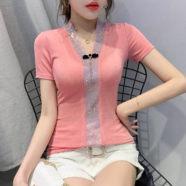 2020 summer women t-shirt new arrival slim fashion rhinestone v-neck temperament short sleeve t-shirt plus size female shirt, White 
2020 summer women t-shirt new arrival slim fashion rhinestone v-neck temperament short sleeve t-shirt plus size female shirt, White