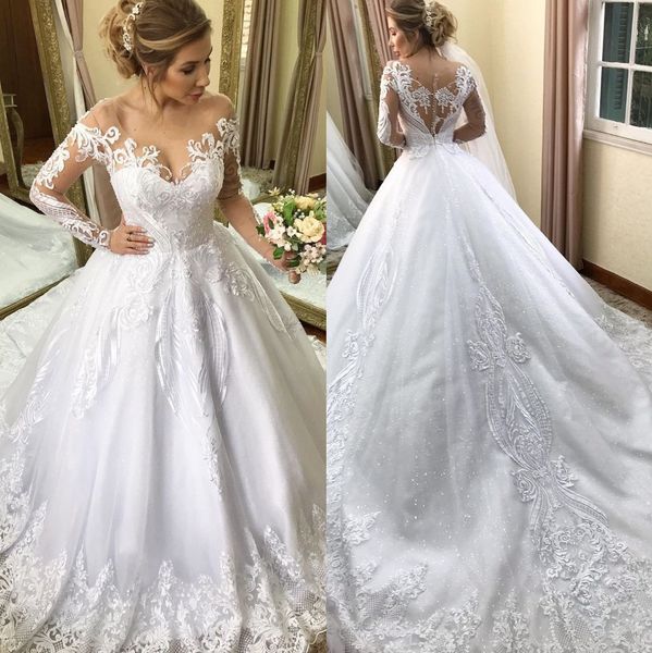 stunning beaded lace wedding dresses sheer bateau neck appliqued long sleeves bridal gowns sweep train tulle robe de mariée, White
stunning beaded lace wedding dresses sheer bateau neck appliqued long sleeves bridal gowns sweep train tulle robe de mariée, White