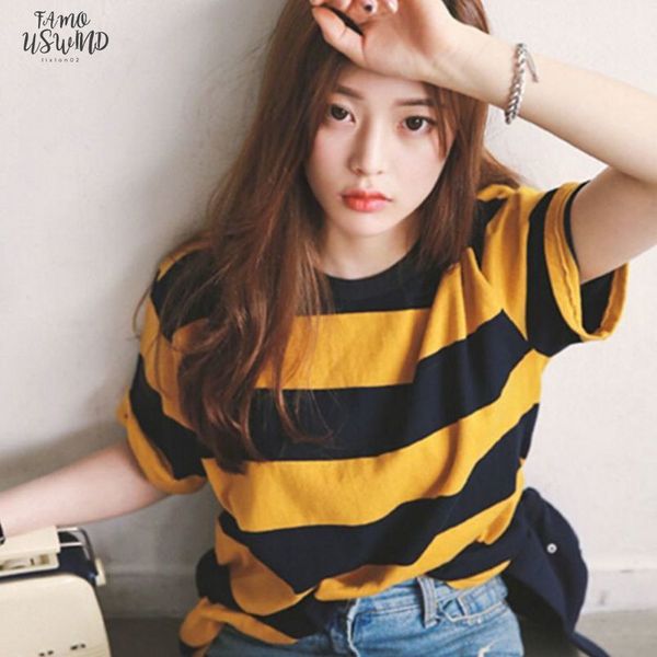 women shirt yellow and black striped t shirt round neck collar loosen half sleeve t shirt casual, White
women shirt yellow and black striped t shirt round neck collar loosen half sleeve t shirt casual, White