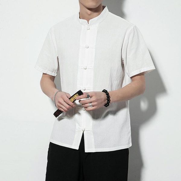 men solid color stand collar short sleeve loose shirt chinese style tang suit, White;black
men solid color stand collar short sleeve loose shirt chinese style tang suit, White;black