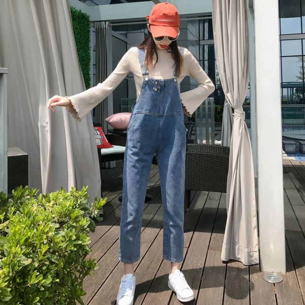 real picture denim bib pants women loose loose thin korean age retro jeans, Blue