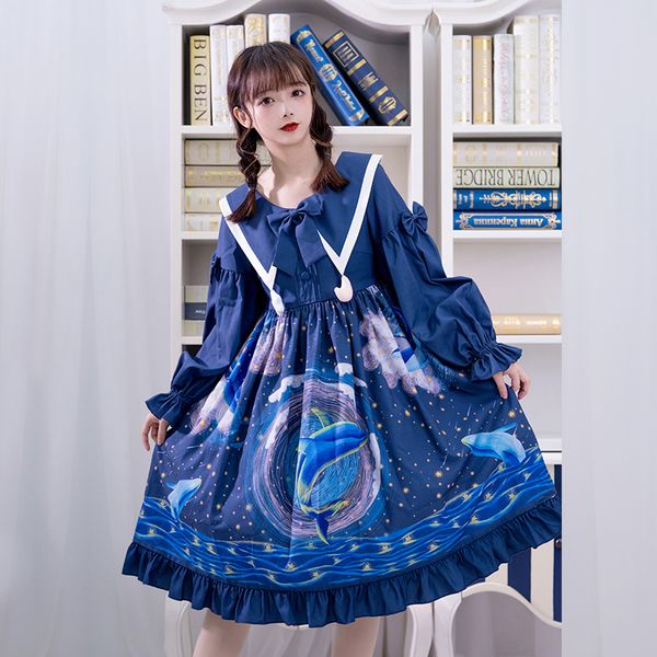 galaxy whale ~ blue long sleeve lolita dress with pointed collar, Black;gray
galaxy whale ~ blue long sleeve lolita dress with pointed collar, Black;gray
