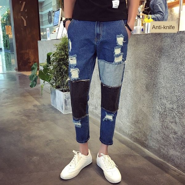 summer men's piercing ankle-length trendy korean slim jeans 9-point tight jeans tight skinny pants boys' beggar pants trendy, Blue
summer men's piercing ankle-length trendy korean slim jeans 9-point tight jeans tight skinny pants boys' beggar pants trendy, Blue