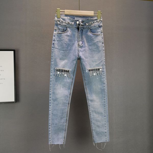 tight stretch jeans for women summer new elastic slim high waist rhinestone tassel holes jeans female thin denim pants jean, Blue
tight stretch jeans for women summer new elastic slim high waist rhinestone tassel holes jeans female thin denim pants jean, Blue
